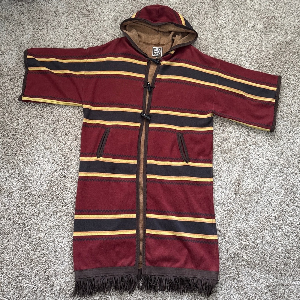 Double D Ranch Women Burgundy Striped Hooded Fringe Toggle Cardigan Coat Medium
